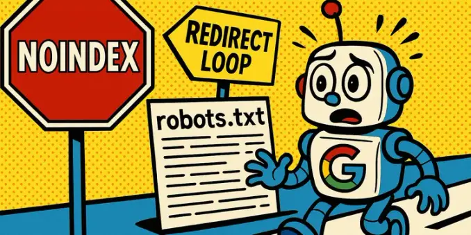 Kleiner Roboter als Symbol für den Google-Bot verirrt sich nach einem Relaunch der Website. Comic-Stil