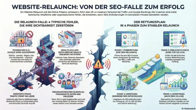 Infografik Probleme und Lösungen beim Website-Relaunch. Links 4 typische Fehler, rechts 4 Phasen für stabilen Relaunch. In der Mitte eine Erdbebenspalte. Grafik visualisiert den Inhalt des Blogposts.