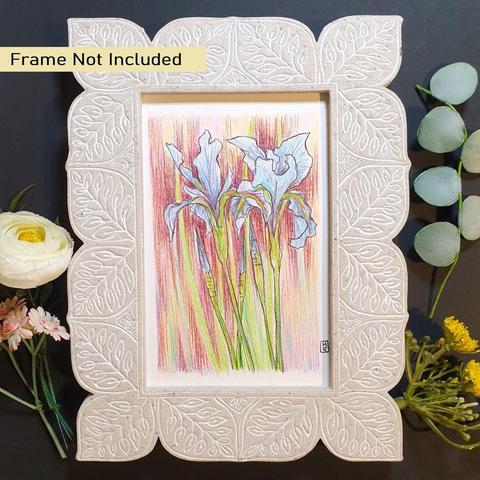 A very small drawing in colour pencil and pen and ink of blue iris flowers with a multi colour background.
An original art work, please note that the frame is not included.
Colour pencil on white acid free artist watercolour paper (postcard size).
Approximately 4 by 6 inches (10.16 x 15.24 cm) will fit into a standard 4 by 6 inch photo frame.
