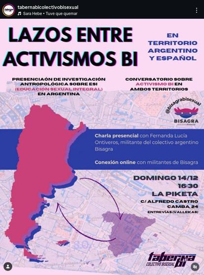 [Poster anunciando el evento «Lazos entre Activismos BI en territorio argentino y español», el domingo 14 de diciembre de 2025 a las 16:30, en La Piketa (C/ Alfredo Castro Camba 24), Madrid.]