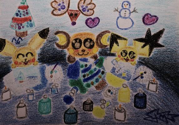 A crayon drawing of the Pikachu family making holiday art.