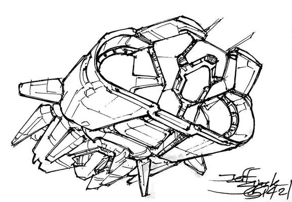 Black and white line art sketch of an imaginative sci fi spaceship. Each one is very different. Broad capsule-shaped front end with cap-brim overhang and a plethora of projecting fins along the sides and bottom.