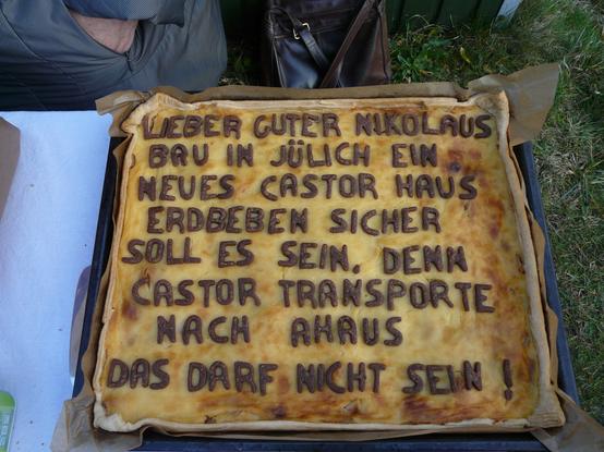 Kuchen mit dem SChriftzug "Lieber guter Nikolaus bau in Jülich ein neues Castor Haus Erdbeben sicher soll es sein, denn Castor Transporte nach Ahaus das darf nicht sein.
