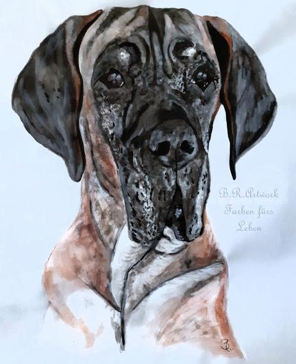 Porträt eines Boxers (Hunderasse) frontal mit hellbraunem Fell und grau schwarzem Gesicht und Ohren.