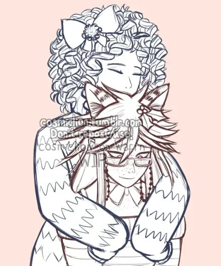 Digital sketch in blue and red tones of Grell Sutcliff from Black Butler (in her Cheshire Cat form from the Ciel In Wonderland OVA) and Belmon, a humanoid demon, Grell drawn from the chest up and Belmon from the waist up. Belmon is a whole head taller than Grell and has short curly hair. Grell is wearing a striped sweater with off-shoulder sleeves and two tiny mistletoe leaves on the left side of her hair. Belmon is wearing an oversized striped sweater with sleeves that cover their hands and a bow on the right side of their hair. Belmon is hugging Grell from behind and closing their eyes in bliss. Grell is looking down, smiling and blushing bashfully. The background is very light pink.