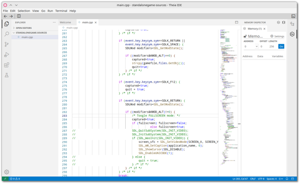 🕶️ A view of its UI (on a light theme, on my PC) with an example of source code (that of the game The Maze Of Galious remake, in C++) on the main part in the centre (the layout of its UI is flexible, you can also detach its windows), above the 'Welcome' and current source tabs, at the top its main menus, on the left other menu icons and the project/file explorer, on the right the memory explorer (I didn't use it in my example).
📚️ Eclipse Theia (since 2018 a project of the Eclipse Foundation) is a libre, multi-platform, flexible and extensible framework for the development of IDEs and Cloud and Desktop tools using web technologies.
Theia IDE is a libre, multi-platform, non-intrusive IDE based on this technology, enabling it to run on the desktop or in the browser. It uses the LSP (Language Server Protocol) and DAP (Debug Adapter Protocol) protocols, and the Monaco code editor, and is compatible with VS Code extensions (3,600 extensions), all the while being libre, open, and privacy-friendly.