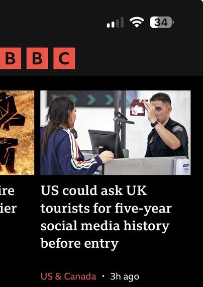 An image depicting a border control scene where a customs officer is checking a document presented by a traveler at an airport security checkpoint. Text includes information about the potential request for UK tourists' five-year social media history before entering the US.