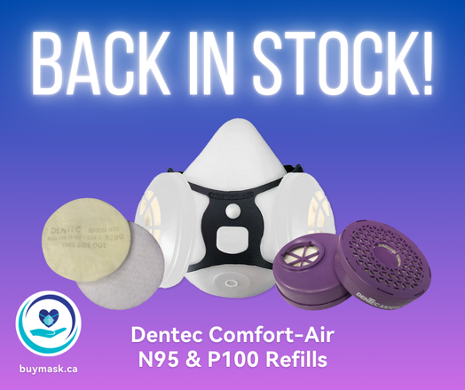 Image of a white Dentec Comfort-Air elastomeric respirator with P100 filters (white) and N95 filters (purple).
buymask.ca