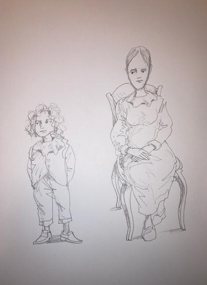 Zeichnung. Ein gelockter Junge, altmodisch gekleidet, steht mit am Rücken zusammengelegten Armen, rechts neben ihm, auf einem gekurvtem Stuhl sitzend, ihn anschauend, eine Frau im Kleid, die Arme in den Schoß gelegt.