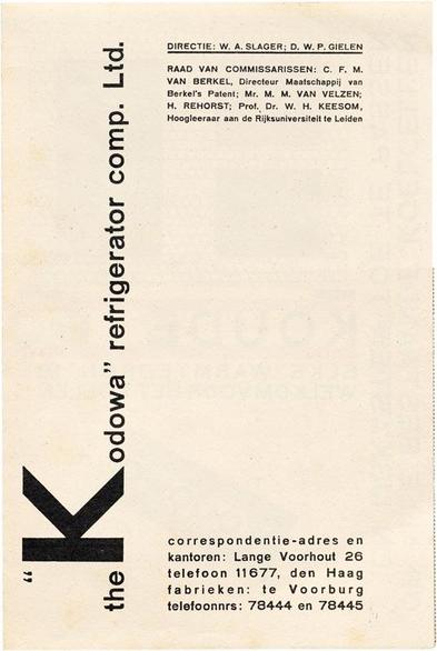 Kodowa Refrigerator
"Bi-fold brochure ""Koude door Warmte"" for Kodowa, with additional mail-in postcard attached with perforation."