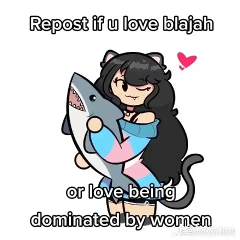 a drawing of a catgirl with long black hair reaching her grey tail in a trans colored sweater holding a grey and white colored shark plushie with the caption "repost if you love blajah or love being dominated by women"