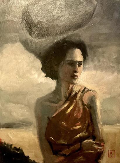 Painting of a white woman looking to the side a bit, with short dark hair with an emergency blanket in gold wrapped around her, looking like a one shoulder gown. Behind her are clouds and above her head is a huge boulder floating.