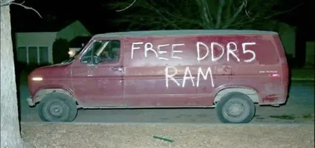 a night time shot of a red windowless cargo van.   On the side is painted  "FREE DDR5 MEMORY" as a new take on the "Free Candy!"  type of thing a kidnapper would use.