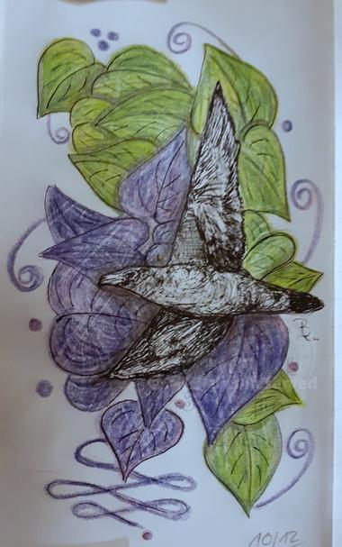 Sketchbook Seite, Fineliner Sketch eines mittelgroßen Vogels, der seitlich nach links fliegt, ein Flügel nach oben und einer nach unten. Im Hintergrund mit Buntstift sich überlappende größere herzförmige Blätter in lila und und rechts und oben weiter außen in hellgrün. Drumherum schauen einige Spiralschnörkel und Punkte hervor.