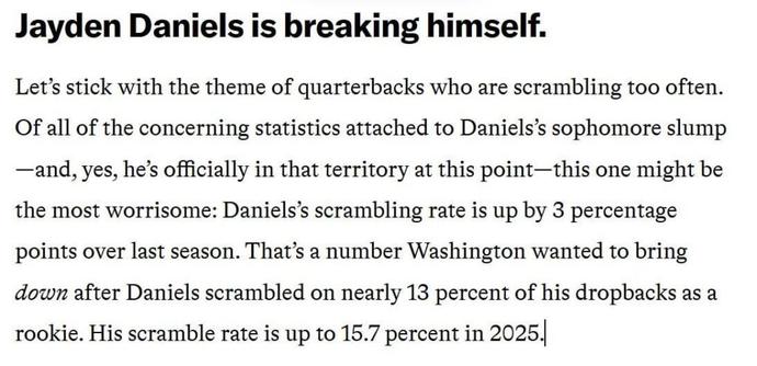 Ringer wrote an article today about QB’s like Mahomes, JD5, Baker etc. having down years. Snippet from our section: “Jayden Daniels is breaking himself”