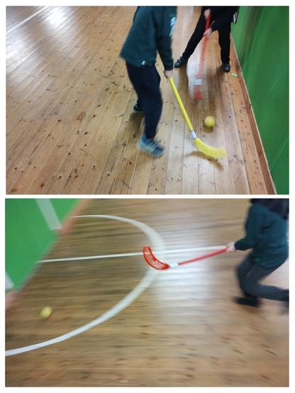 A two panel photo collage. Top panel has two young people from the shoulders down playing indoor hockey on a wooden floor. It is slightly out of focus. There is a yellow ball. One individual has a yellow plastic hockey stick, the other has a a red one.
The bottom panel has a photo of a young person seen from the shoulders down wearing Cub Scout uniform and a tartan necker running from right to left with a red plastic hockey stick chasing after a yellow ball on a wooden floor.