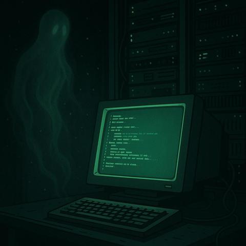 green terminal in a server room with a ghost