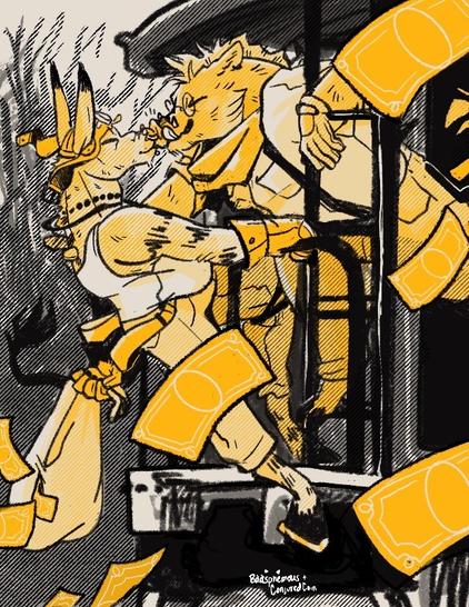 A grungy art piece of two butch animals kissing on the back of a train post robbery. A shorter, thick boar with rounded glasses leans in to press her nose to a taller donkeywearing an aviator hat's snout. The donkey holds onto to the back rail with one hand and a money bag in their free hand. Dollar bills flutter from the bag toward the viewer. The image is mostly greytones with orange bits of color emphasizing the characters.