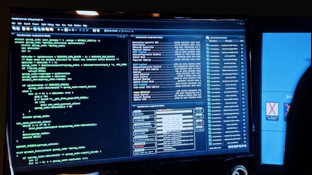 A woman seen from behind looking at a computer monitor with “hacker” stuff on it.

In the left there is green text with computer code written in the C programming language.

On the right is various dhcp messages
