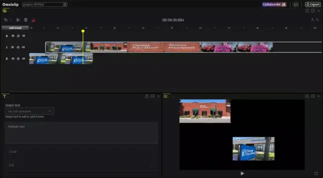 Ein Videoschnittprogramm zeigt eine Zeitleiste mit zwei Videospuren. Darin sind gebäude und Schilder zu sehen. Unten rechts ein Vorschaubild derselben Szene.