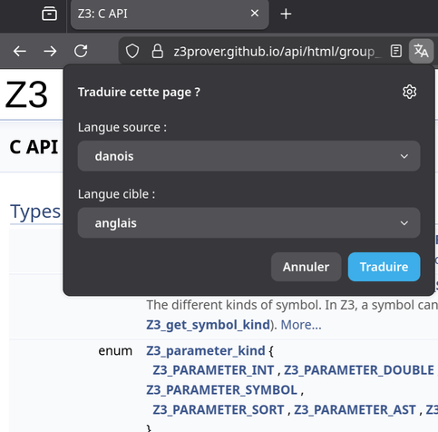 Cropped view of Firefox browser.
Translate button has been clicked, and it thinks the page is in Dane.
The page is the Z3 C API doxygen documentation. https://z3prover.github.io/api/html/group__capi.html