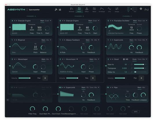 This is a screenshot of a complex software interface, likely a synthesizer plugin called “AbSynth” with a patch named “Spacescatter”. The interface is dark grey and organized into three vertical columns labeled “CHANNEL A”, “CHANNEL B”, and “CHANNEL C”, each containing multiple modules with knobs, sliders, and waveform displays. Each channel seems to contain oscillators, filters, and effects processing elements. Waveforms are visible within each module, displaying parameters like frequency and volume. The bottom of the interface shows a row of module names, including “Filter Freq”, “Oscil Main”, “Phase”, “Grain”, “Time”, and "Shape", with text labels such as "Not Used" appearing alongside some of them.