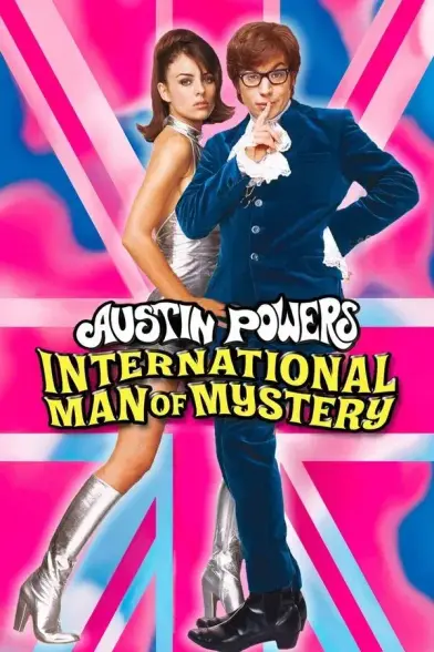 Das Plakat des Films "Austin Powers: International Man of Mystery" von 1997:

Der titelgebende "Held" mit Hornbrille und marineblauem Anzug steht mitten im Bild, und wird von einer jungen Frau in kurzem, Silbernen Kleid und hohen silbernen Stiefeln flankiert. Der Hintergrund ist ein Union Jack.

In der Mitte des Bildes, vor den Personen steht in weißer Schrift "Austin Powers", und darunter in gelber Schrift "International Man of Mystery".