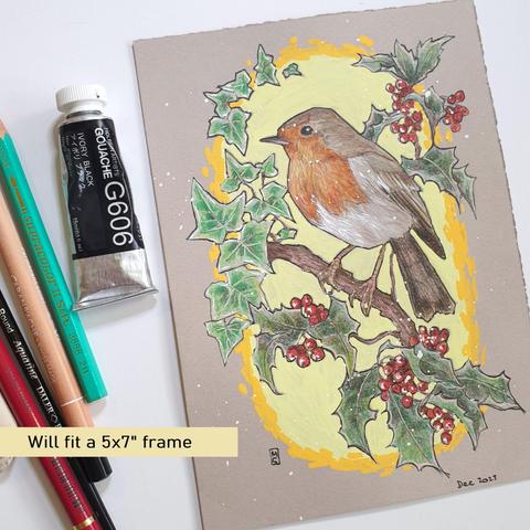 A small colour drawing of a European robin sitting on a branch surrounded with holly and Ivy. The drawing has a yellow and orange background and is on grey paper.
Feisty and iconic. A Christmas favourite and gardener’s best friend. It’s no wonder this little bird is one of Britain’s most-loved birds.
An original art work, please note that the frame is not included.
Colour pencil and mixed media on acid free toned artist paper
5 by 7 inches (12.7 by 17.8 cm).