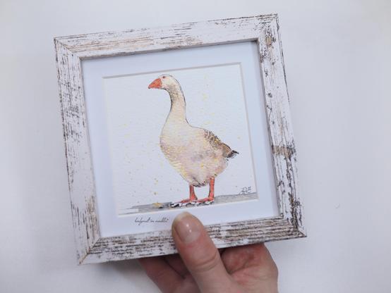 auf 15x15cm gerahmtes Aqaurell Motiv stehende Gans