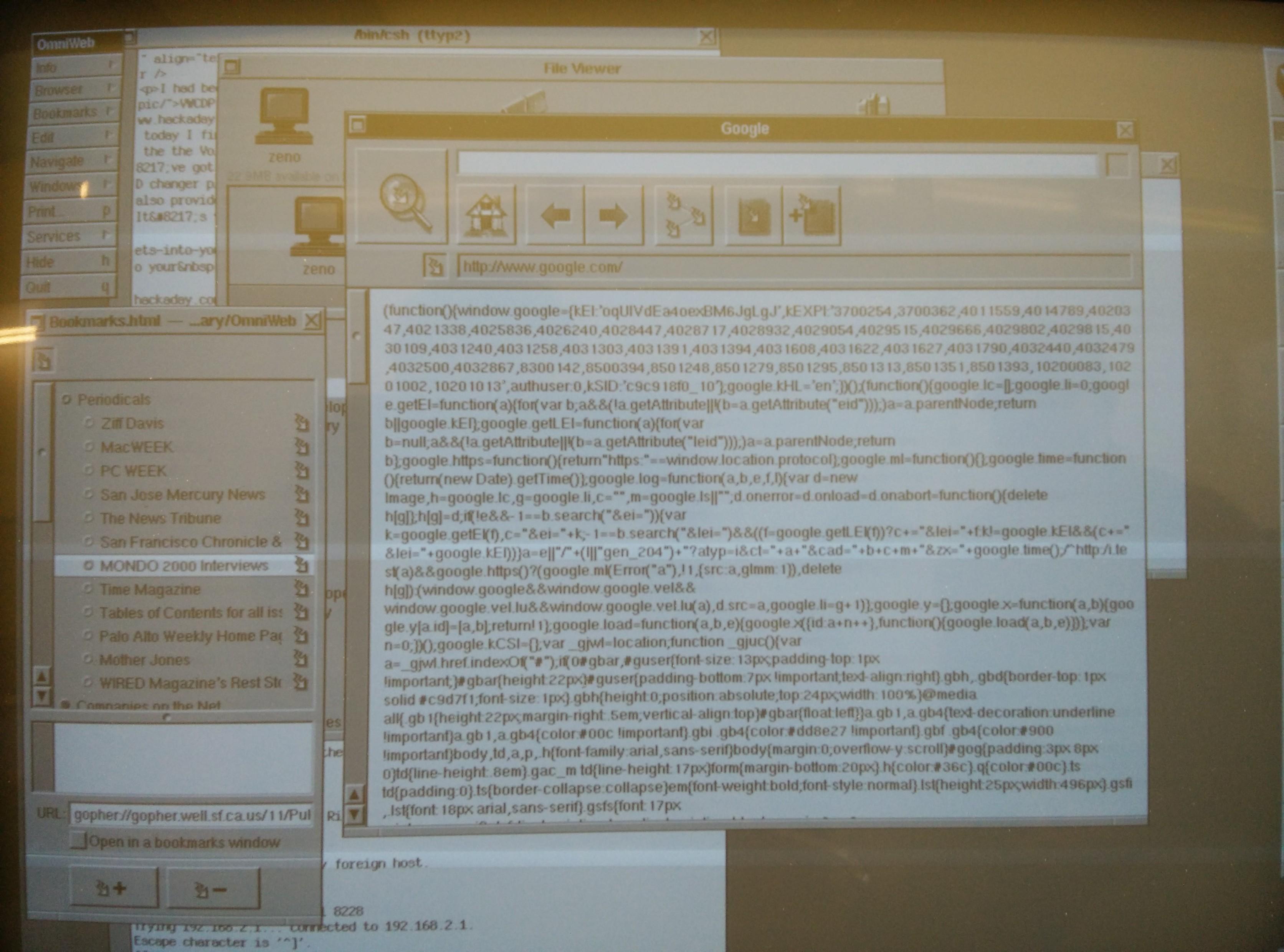 Omniweb browser on a NeXT with monitors javascript from Google. The bookmarks include Mondo2000 and other classic sites.