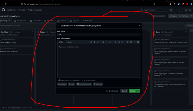 Creating a new issue inside a column does not take me to any other page. I continue inside the projects window