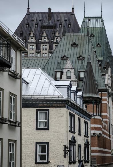 Compressed perspective of layers of multiple old buildings in the heart of the old quarter of Quebec City, Canada