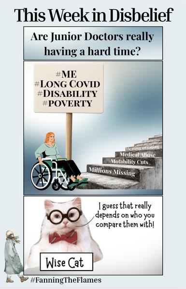 This Week in Disbelief

This is a cartoon in three boxes

Box one Heading - Are Junior Doctors really having a hard time?

Box two - a woman using a wheelchair is at the bottom of a flight of steps. She is holding a placard which says “#ME
#LONG COVID #DISABILITY #POVERTY” and is facing a staircase labelled 
Heating or eating, Medical Abuse,
Motability Cuts, Millions Missing”

Box three - Wise Car is saying “I guess that really depends on who you compare them with”

The cartoon maker is #FanningTheFlames