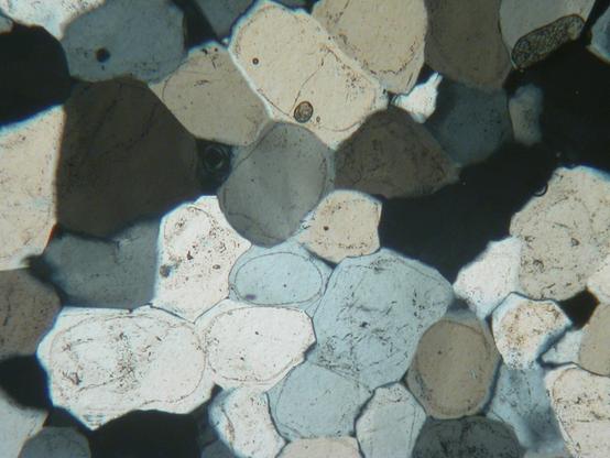 A view of a rock thin section using crossed polars under a polarizing microscope. The image consists of black, grey cream and white polygonal grains. Each of these contains a faint ghostly outline of a smaller, rounded grain visible within it. There are some darker bubbles in the section which "stand out" from the background - these are an artefact of sample preparation.