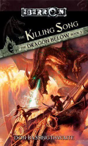 Cover of the Eberron novel The Killing Song, Book 3 of The Dragon Below.The cover art displays a copper dragon spewing sizzling acid over the covered roof of a ship that flies through the air with a ring of fire. A feminine figure with a spear and a man with a sword stand warily back.