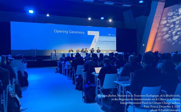 Monique Barbut, Ministre de la Transition Écologique, de la Biodiversité, et des Négociations Internationales sur le Climat et la Nature; Intergovernmental Panel on Climate Change authors; Paris, France; December 1, 2025; photo Patrick Gonzalez