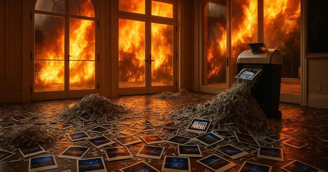 Ein gefährlicher Großbrand mit tosenden Flammen wütet bedrohlich draußen, während in einem ansonsten leerstehenden Wohnzimmer  unzählige Polaroid-Fotos zerschreddert werden. Satirisches KI-Bild auf Basis von "Der Letzte Podcast" Folge 540.