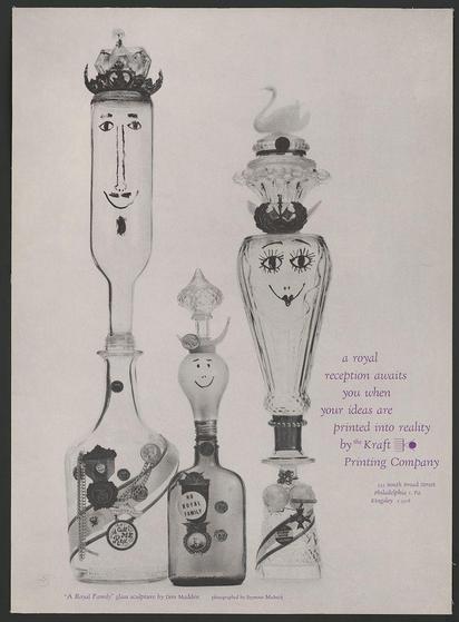 The image depicts a stylized advertisement featuring whimsical glass sculptures created by Don Marden, known as the "A Royal Family" collection. These unique works of art are presented in an upright orientation and exhibit human-like characteristics with faces on their surfaces, including expressions that suggest personality.

The largest sculpture has a crowned head resembling royalty, while another features decorative elements such as feathers or flowers at its top. The sculptures vary in size and shape but share the same artistic style characterized by expressive facial details and ornate adornments around them.

In addition to showcasing these artworks, text on the right side of the image promotes services offered by a company named Kraft Printing Company, suggesting that their printing capabilities can transform ideas into tangible reality through this collaboration. The accompanying poster is part of an advertising campaign for A Royal Family" glass sculptures and includes contact information for further inquiries.

Overall, the visual elements in the advertisement convey creativity, artistic craftsmanship, and the potential to bring imaginative concepts to life with professional support from a print company.