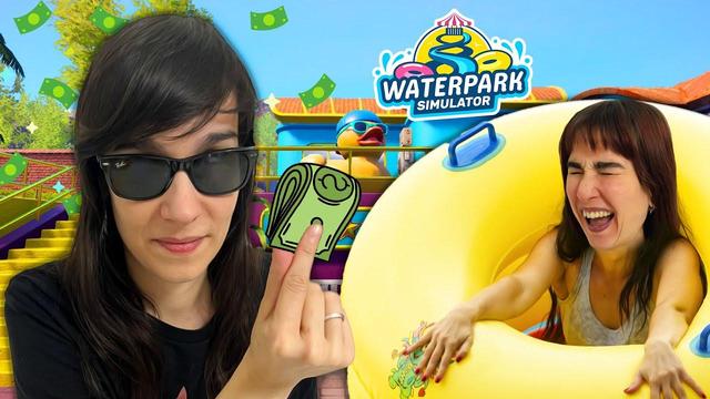 Dunkel sujetando un fajo de billetes mientras le caen atrás muchos, con una sonrisa maliciosa. Lleva gafas.

Rena está a un lado con cara de gritar, ojos cerrados, en bañador y agarrada a un flotador amarillo gigantesco. Al fondo se ve un parque acuático con un enorme pato amarillo con gafas de sol y una gorra hacia atrás, símbolo del parque.