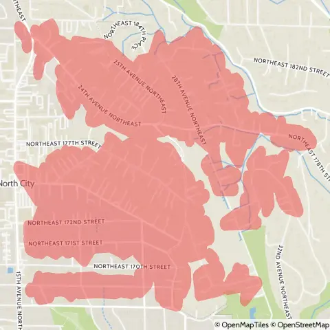 A map showing the location of the outage, centered around 22nd Place Northeast in the North City area of Shoreline.