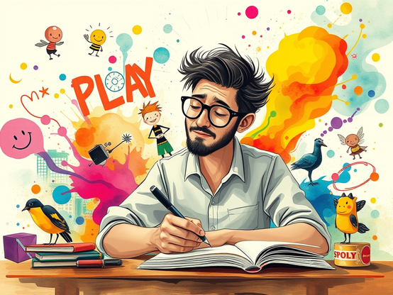 Man writing in notebook surrounded by colorful doodles and playful characters, highlighting creativity and imagination.