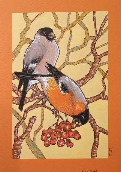 A small colour drawing of two bullfinches, a male and a female, with branches and red rowan berries. The drawing has a warm yellow background.
The rose-red breast, large black cap and thick bill make the bullfinch easy to identify. A plump-looking bird of woodlands, hedgerows and orchards, it also frequents gardens.
An original art work, please note that the frame is not included.
Colour pencil and mixed media on acid free toned artist paper
5 by 7 inches (12.7 by 17.8 cm).