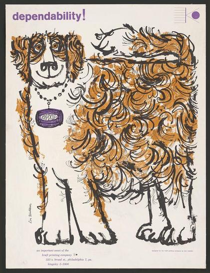 The image features an illustration of a dog with expressive, swirling lines and bold colors predominantly in shades of orange, brown, black, and white. The dog appears to be named "Brandy," as indicated by the tag on its neck that reads "BRANDY." Above the dog's head is text stating "dependability!" suggesting a theme or message related to reliability.

The artwork has an informal, hand-drawn quality with dynamic brushstrokes creating texture and movement. There are also additional graphics at the top right corner featuring geometric shapes in purple tones. The overall style of the illustration aligns with mid-century modern design elements often seen in vintage advertising posters from that era.

Below the main image is a caption providing context about its significance, mentioning it as an "important asset" associated with the Kraft Printing Company and indicating that this particular piece was created by Dan Zadra. The dimensions provided (23 x 17 cm) suggest the size of the poster or print itself.