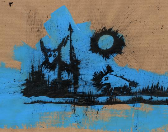 A mythical creature with a horned spear, a small animal to the right. Above the sun on the right. On a blue background on brown paper. Black ink on paper.