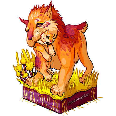 Digital cel-shaded artwork of a saber-toothed tiger (smilodon) parent picking up its kitten by the nape of the neck with its mouth, as cats do. The kitten appears to be a little unsure of itself, as anyone would be with a giant curved canine right near their throat. The parent has no intent to harm its baby, it's just trying to move the child from one place to another. Sabertooth tigers tend to be stockier than most modern big cats, with a bigger head. These two big cats in particular have been rendered with countershading: Light tan underbellies, and an orange coat that fades into sunset-like reds and purples. Leopard-like spots mark the cat’s shoulders but fade towards the short stubby tail and belly. The scene is posed on top of an isometric chunk of grassland at sunset, when everything takes on golden shadows. A small, windblown sagebrush bush rests at the front paw of the smilodon.