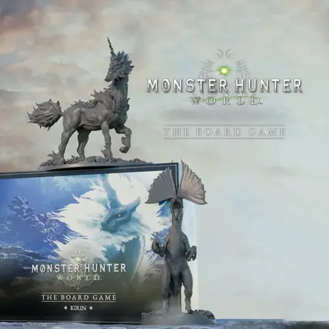 A detailed display features two intricately designed monster miniatures from the Monster Hunter World board game: the Kirin, resembling a unicorn with a dragon-like body, and the Tzitzi-Ya-Ku, which has a distinctive frill and a dynamic pose. In the background, the game box is visible, showcasing artwork of the Kirin and the title "MONSTER HUNTER WORLD: THE BOARD GAME." The overall color palette includes muted tones, enhancing the fantasy theme of the game.