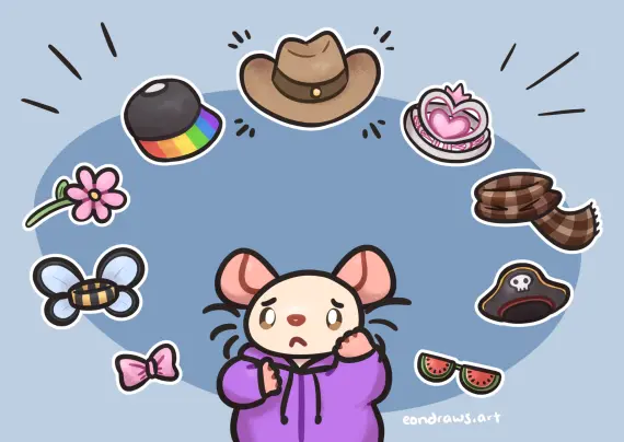 a white mouse with gold eyes in a purple jacket looks overwhelmed, holding their paw up to their face. encircling them is a variety of different accessories from the game Squeakross. too many choices! there's a pink bow, a bee collar with wings, a flower, a pride flag inspired cap, a cowboy hat, a tiara, a scarf, a pirate hat, and a pair of sunglasses inspired by watermelons! so many!