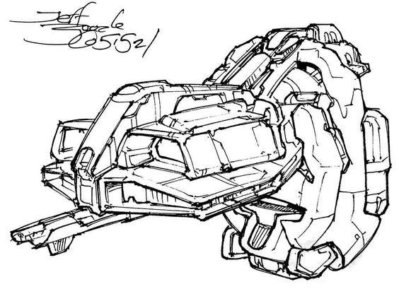 Black and white line art sketch of an imaginative sci fi spaceship. Each one is very different. Kind of a mash between the 60s show Batmobile and a high-tech backpack, with a protruding chin probe. It's funny looking!