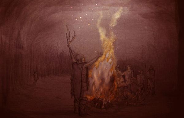 an artist’s impression showing people gathered around a campfire, with one standing to address the others
