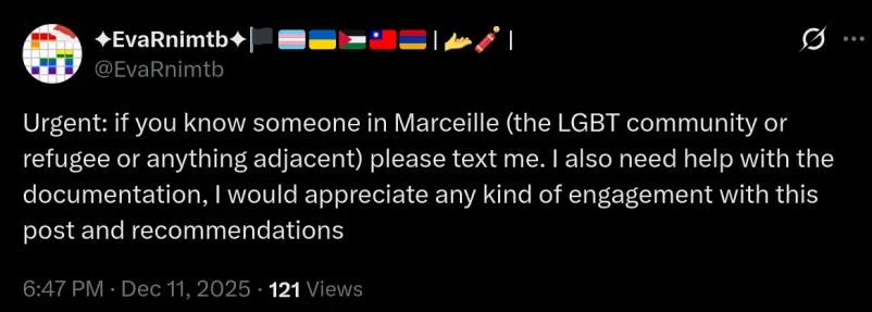 @EvaRnimtb
Urgent: if you know someone in Marceille (the LGBT community or refugee or anything adjacent) please text me. I also need help with the documentation, I would appreciate any kind of engagement with this post and recommendations